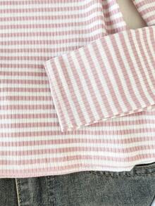 Tween Girl Boat Neck Striped Long Sleeve Casual Versatile T-Shirt - Baby Pink - View 4