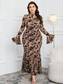 Modelyn Plus Size Elegant Floral Flocked Flare Sleeve Fish Tail Hem Dress, Autumn - Coffee Brown - View 5