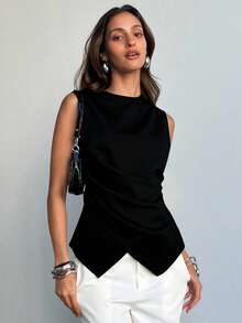 Aloruh Women's Elegant Commuter Fitted Cross Waist Solid Gray Shirt,Black Top - Black - View 3