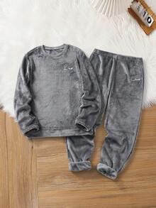 Manfinity VCAY Men's Autumn/Winter Letter Embroidered Fleece Sweatshirt And Pants Pajama Set Men And Women Matching Sets Matching Pajama Set Couple Family Matching Outfits - Grey - View 6