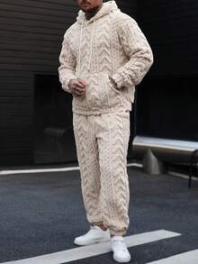 Manfinity CasualCool Men's Casual Plush Hoodie Set, Autumn/Winter Mens Knitted Set Mens Co Ord Set Cream Outfit Men Mens Fleece Set Men 2 Piece Set - Apricot - View 4