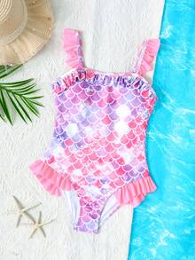 SHEIN 少女情人节度假休闲沙滩渐变鱼鳞印花荷叶边连体泳衣 - 粉色 - 查看 2