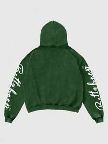 ROMWE MEN Betty Boop | ROMWE 男士水洗字母和图案宽松连帽衫 - 綠色 - 查看 2