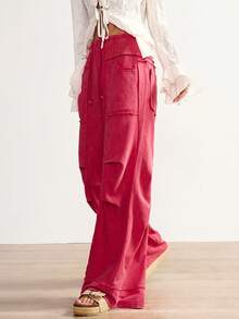 Bohemela BOHO Winter Christmas New Year Casual Solid Color Knit Loose Flare Pants For Women - Red - View 5