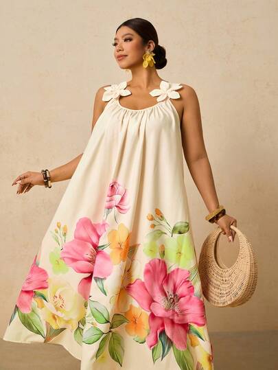 Travachic Vestido casual sin mangas con estampado floral y aplicaciones para vacaciones, talla grande