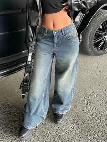 CasuGlow 低腰 Y2K 斜口袋洗水阔腿牛仔裤