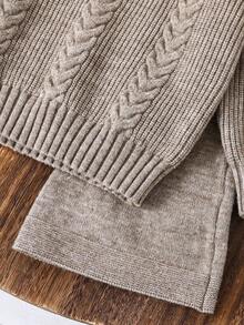 SHEIN Young Girl Casual Cable Knit Turtleneck Sweater And Knit Pants Set - Khaki - View 3