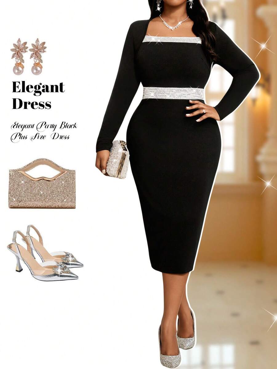 Fleurora Elegant Black Autumn Formal Evening Dress,Plus Size Square Neck Sequin Patchwork Contrast Binding Party Winter Bodycon Midi Dress - Black and White - View 1