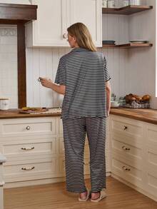 Doze Lane Ensemble cardigan et pantalon à manches longues, imprimé rayé, ample et décontracté, avec col châle, pour femmes grandes tailles - Noir - Voir 2
