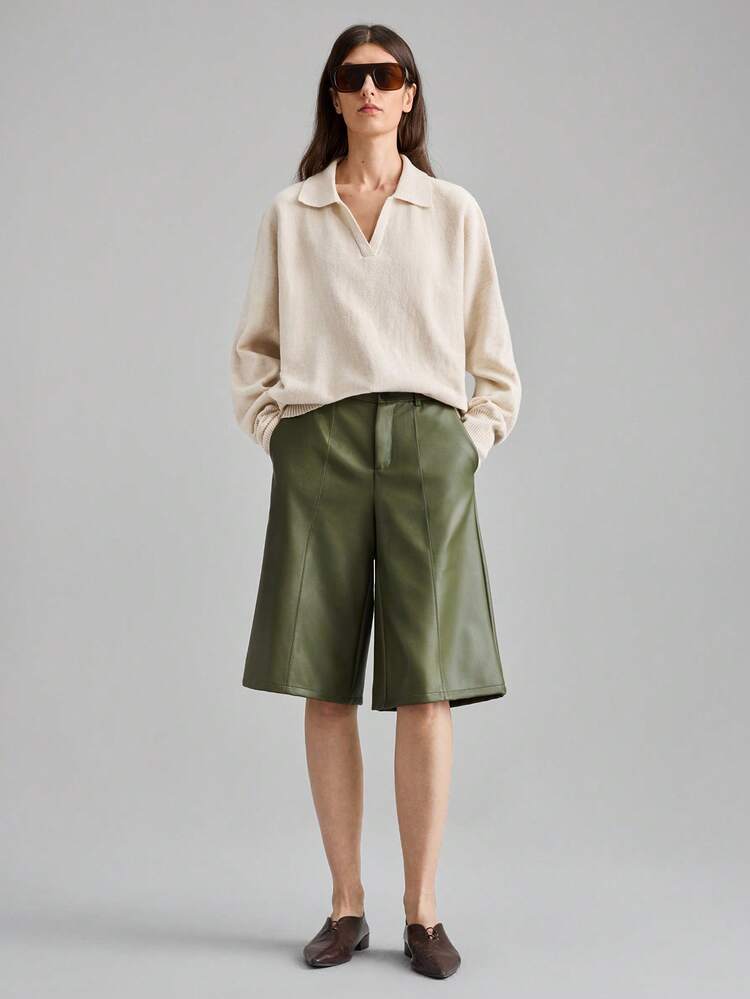 Women's PU Material Splicing Wide Leg 3/4 Pants,Urban Commute Business Casual Office Pants,Elegant Summer Olive Green Date Winter Party Attire