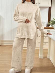 SHEIN Maternity Casual Warm Side Slit Dropped Shoulder Sweater And Pants Set, Autumn/Winter