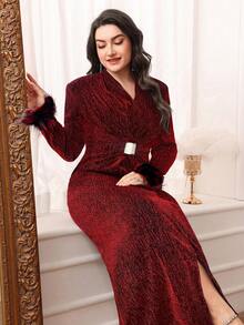 Modelyn Robe longue ajustée à manches longues de couleur unie, décontractée et pour le port quotidien - Rouge foncé - Voir 3