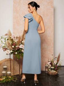 SHEIN Belle 女士层叠袖褶皱修身高开衩下摆鸡尾酒连衣裙，优雅 - 灰色 - 查看 2