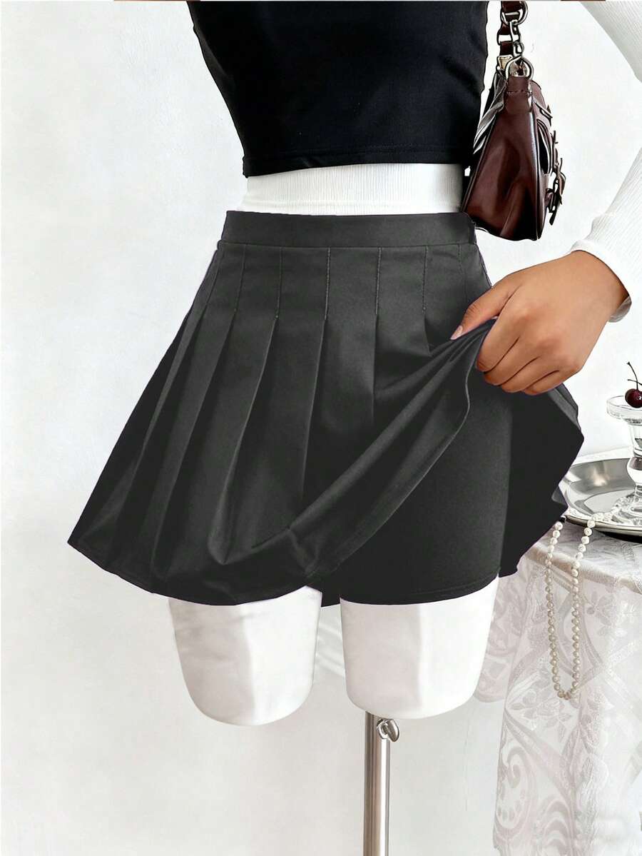 SHEIN 女童百褶高腰裙，内置安全短裤，二合一裙裤，四季百搭，可搭配衬衫、T恤、Polo衫、连帽衫、夹克 - 深灰色 - 查看 1
