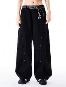 Bloopia Women's Casual Fashion Street Loose Fit Low Waist Rivet Decor Wide Leg Pants, Belt Not Included - Black - View 4