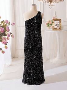SHEIN Tween Girl Elegant Sequin Embellished One Shoulder Fitted Mermaid Dress Graduation Dress - Black - View 2