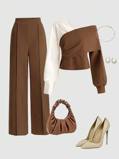 Franclia 2pcs/Set V-Neck Contrast Color Patchwork Top And Straight Leg Pants, Casual Outfit For Autumn/Winter Brown Two Piece Set Woman Set Outfit Vacay Outfit Brown Outfit Earthy Clothes