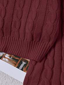 Franclia Rose Red Cable Knit Pullover Sweater Women's Casual Crop Top Long Sleeve Drop Shoulder Rib-Knit Round Neck - Rose Red - View 4
