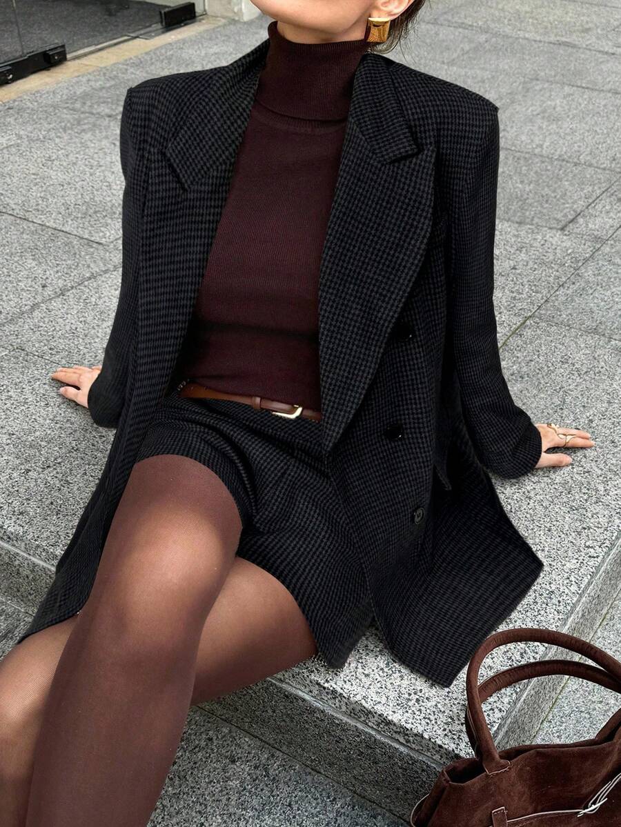 Lavishia 宽肩西装外套和短款格纹英伦复古通勤夹克,秋冬季 - 灰色 - 查看 1