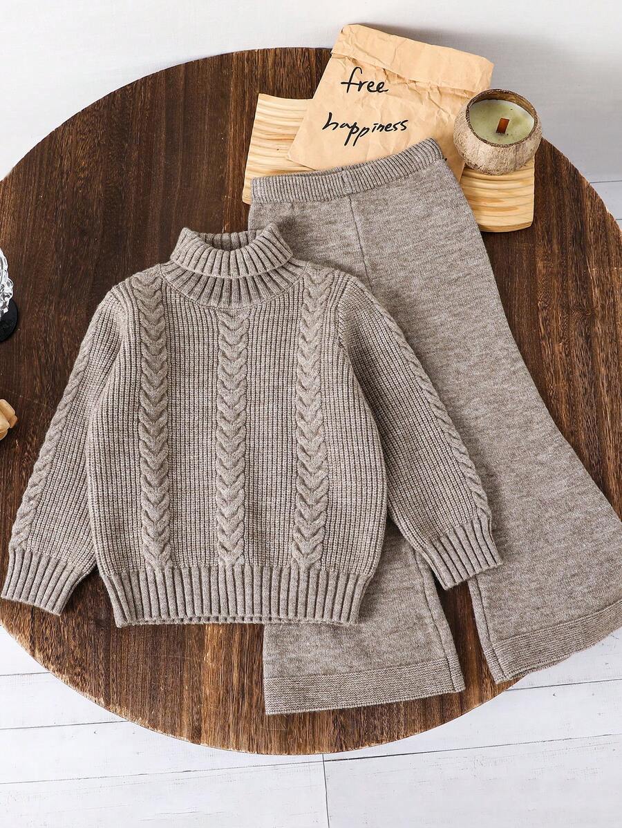 SHEIN Young Girl Casual Cable Knit Turtleneck Sweater And Knit Pants Set - Khaki - View 1