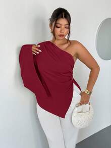 Firerie 大码女式优雅新款时尚度假日常单肩超长袖腰部褶皱显瘦金属装饰黄色上衣/情人节/音乐会/演出/约会/正式晚宴/舞会/婚礼季/性感/优雅/通勤/返校/度假/海滩/浪漫时尚/职场女神/美人鱼风/生日派对 - 紅色 - 查看 3