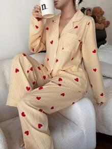 Dream Adore 条纹爱心印花翻领长袖长裤女士睡衣套装 - 黃色 - 查看 1