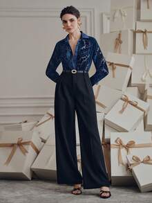 Anewsta Elegant Loose Vintage Casual Women's Blouse With Random Velvet Burnout Design And Button Details, Suitable For Christmas, Party, New Year, Valentine's Day, Wedding - Navy Blue - View 5