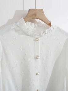 GlowEve 法式优雅宽松长袖衬衫，白色提花立领荷叶边上衣，百搭休闲女装外套 - 白色 - 查看 3
