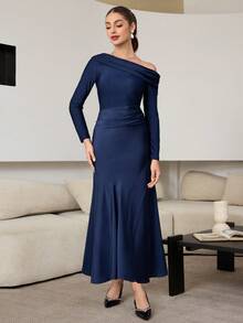 Modelyn Women's Blue High-Quality Oblique Shoulder Knitted Long Sleeve Patchwork Pleated Cinched Waist Dress - Blue - View 4