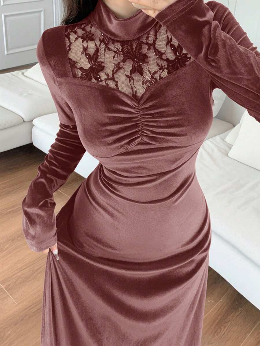 Feyla 女士撞色蕾丝立领长袖褶皱优雅连衣裙长款晚礼服 - 粉色 - 查看 1