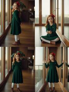 Emery Rose Kids Váy len dệt kim cổ tròn tay dài màu xanh lá cây cổ điển vừa vặn cho bé gái tuổi mới lớn, phù hợp cho mùa thu đông, màu đỏ cho Giáng sinh, trang phục dự tiệc, trang phục hàng ngày đến trường, sinh nhật - màu đen - Xem 4