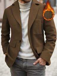 Manfinity Homme Men's Solid Color Pocket Warm Long Sleeve Woolen Coat, Fashionable For Autumn/Winter