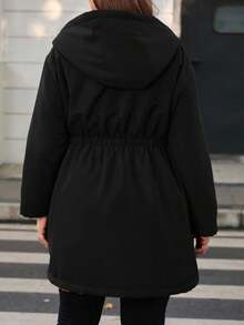 SHEIN PETITE CURVE Plus Size Waisted Hooded Fleece Jacket With Pocket/Winter - Black - View 2