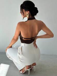 Firerie 女士新款优雅通勤衬衫，不对称领无袖露背吊带可调节纽扣装饰修身黑色办公衬衫，女士通勤衬衫，春夏服装，通勤，优雅，性感 - 咖啡棕 - 查看 5