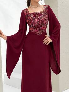 Al Najma 女士亮片拼接方领优雅长袖阿拉伯风格连衣裙 - 紅色 - 查看 8