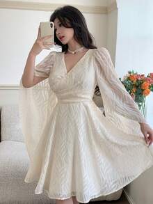 Feyla Women's Elegant Overlap Collar Split Sleeve Waist Cinched Dress, Autumn - Apricot - View 6