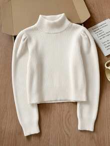 SHEIN Camiseta de manga larga con cuello de tortuga y mangas farol, de tela acanalada texturizada blanca sólida, para uso diario casual de niñas preadolescentes - Beis - Ver 4