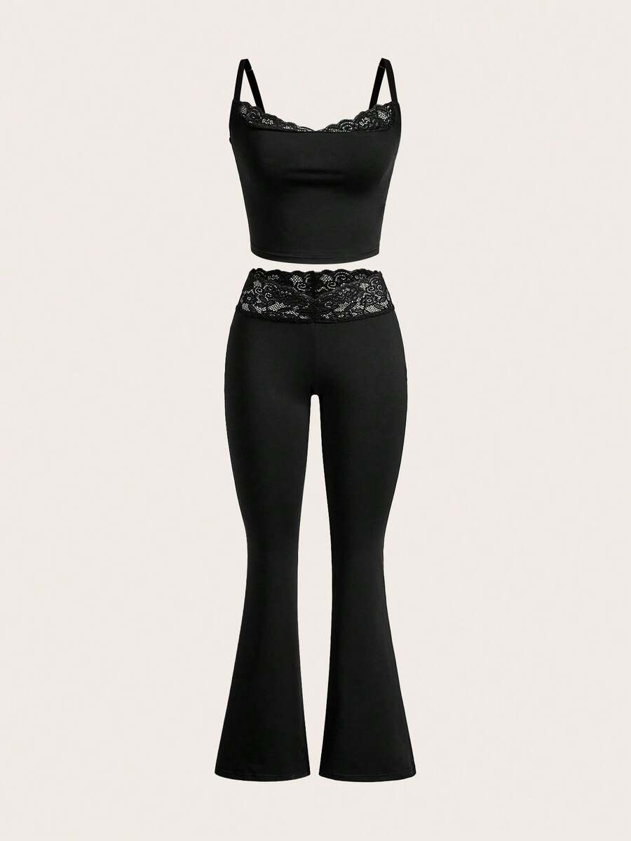 SHEIN EZwear 2pcs Women's Leopard Print Lace Trim Camisole And Long Pants Set Valentine Day - Black - View 1