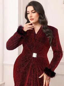 Modelyn Robe longue ajustée à manches longues de couleur unie, décontractée et pour le port quotidien - Rouge foncé - Voir 1