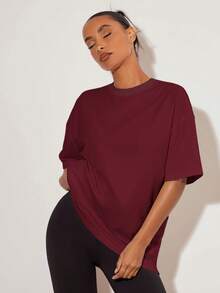 SHEIN BASICS 女款素色圓領落肩短袖休閒寬鬆百搭T恤夏季上衣 - 酒紅色 - 查看 5