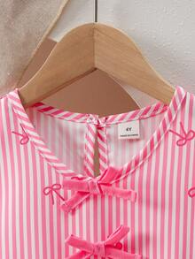 SHEIN Elladie kids Young Girls Bow Striped Print Top & Printed Casual Pants Set, Suitable For Summer - Coral Pink - View 3