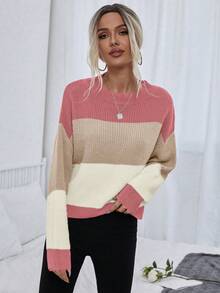 EMERY ROSE Áo len nữ dài tay cổ tròn, vai rớt, phối màu tương phản, kiểu dáng thường ngày, thích hợp cho mùa thu/đông, áo dài tay, áo len chui đầu mùa thu. - Nhiều màu - Xem 4