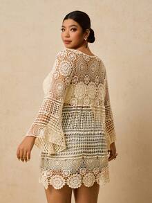 Travachic Plus Size Vintage Hollow-Out Knit Cover-Up, Early Spring Niche Design Sense Long Sleeve Sweet & Spicy Style Mid-Length Pullover Sweater, Summer For Women Beach For Women Vacations Women Holiday Sweater For Women Resort Wear Women Crochet Top - Apricot - View 2