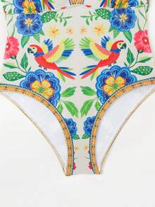Swim Oasis 大码女士热带印花两件式泳衣，带网纱长裙，深V领设计 - 彩色 - 查看 8