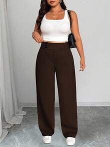 SHEIN PETITE CURVE 大码夏季休闲纯色斜插口袋直筒裤 - 棕色 - 查看 5