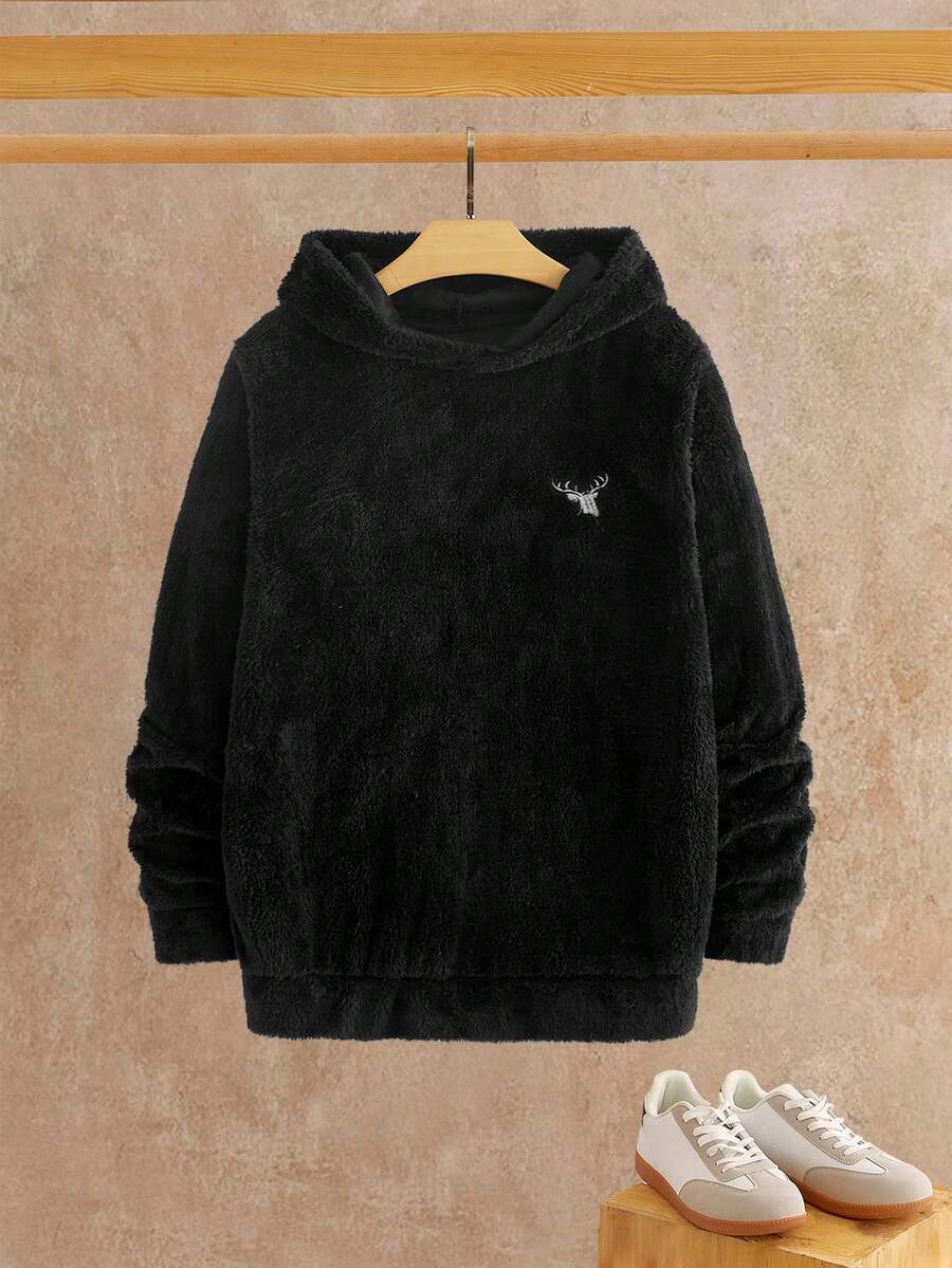 HIMLAND Black Fluffy Casual Loose Long Sleeve Hoodie For Men, Daily Wear - Black - View 1