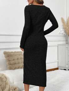 SHEIN Clasi Women's Solid Color Round Neck Long Sleeve Side Slit Ruched Hem Fitted Mid-Length Dress - Black - View 2