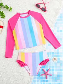 SHEIN 2件套少女彩色竖条纹弹力速干舒适针织面料沙滩装套装，适合海滩、泳池、海边、冲浪、度假、夏季、旅行 - 玫紅色 - 查看 3