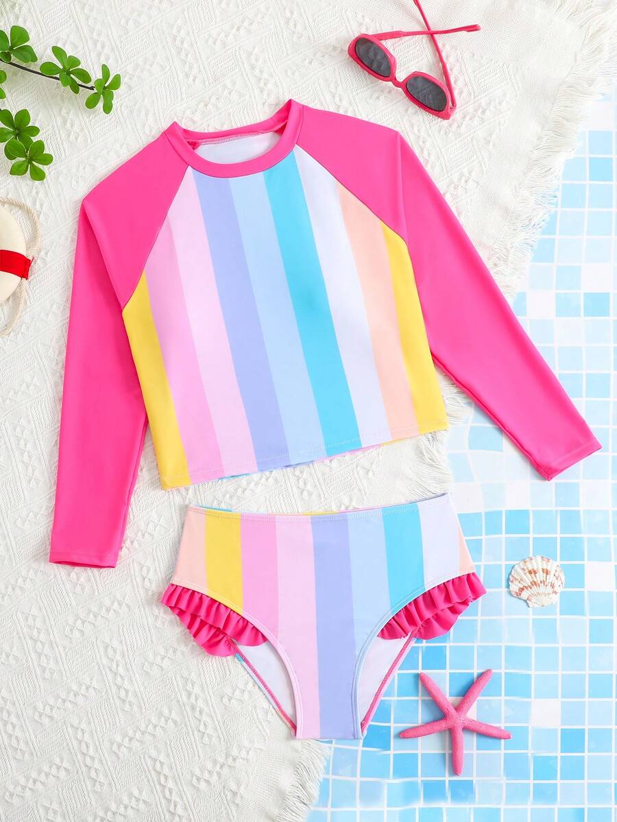 SHEIN 2件套少女彩色竖条纹弹力速干舒适针织面料沙滩装套装，适合海滩、泳池、海边、冲浪、度假、夏季旅行 - 玫紅色 - 查看 1
