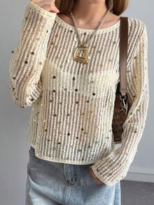 Livesso 女士休闲、假日、街头风闪亮亮片优雅新年、圣诞节、婚礼派对时尚镂空网纱薄款透明长袖露脐上衣，春夏秋季 - 米色 - 查看 12